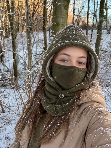 Customer wearing winter hood outdoors