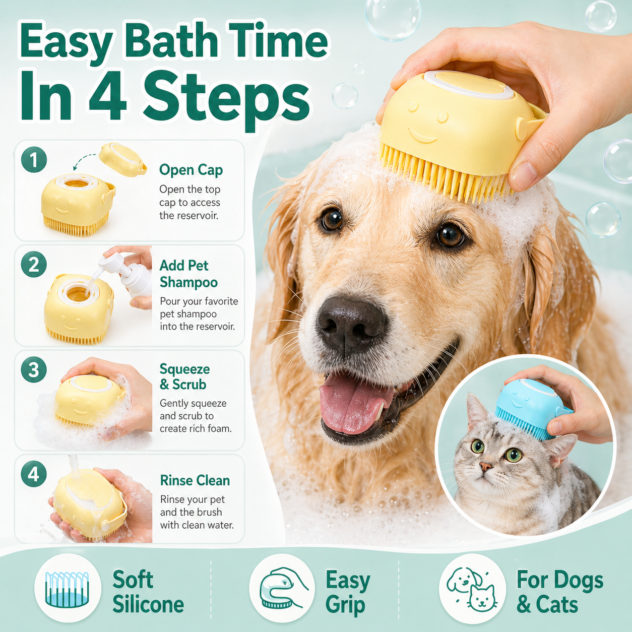 Pet Bath Brush with Dispenser